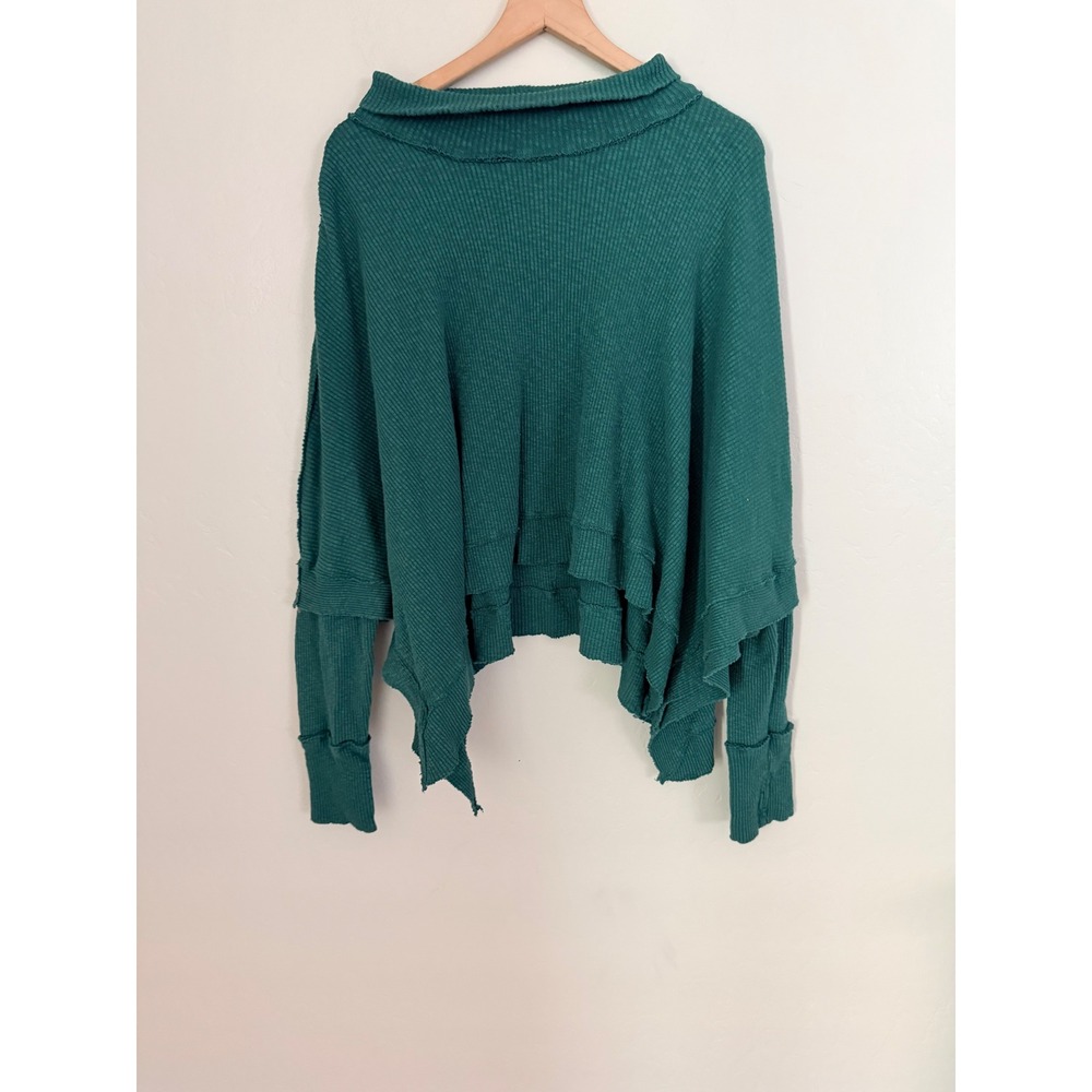 Free People We The Free Moon Daisy Teal Green Waffle Knit Poncho Top Large - Picture 2 of 7